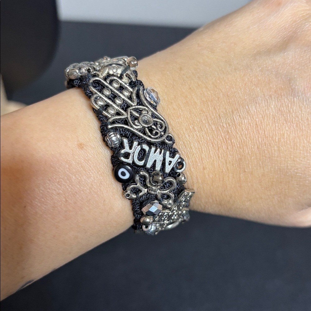 Crochet Silver and Black Wrap Charm Bracelet Retro